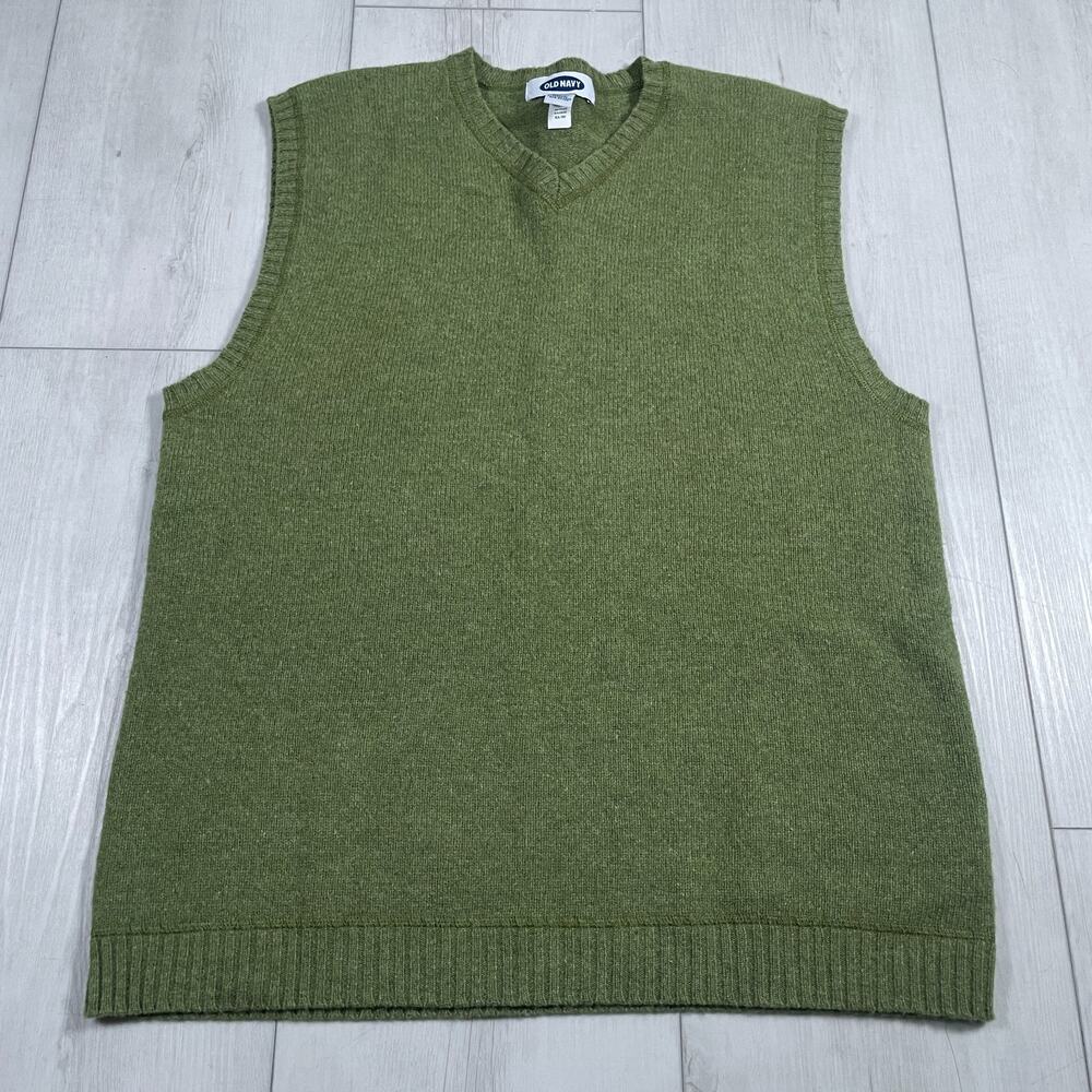 Vintage Old Navy 100% Lambswool Knit Olive Green Sweater Vest Men's Large